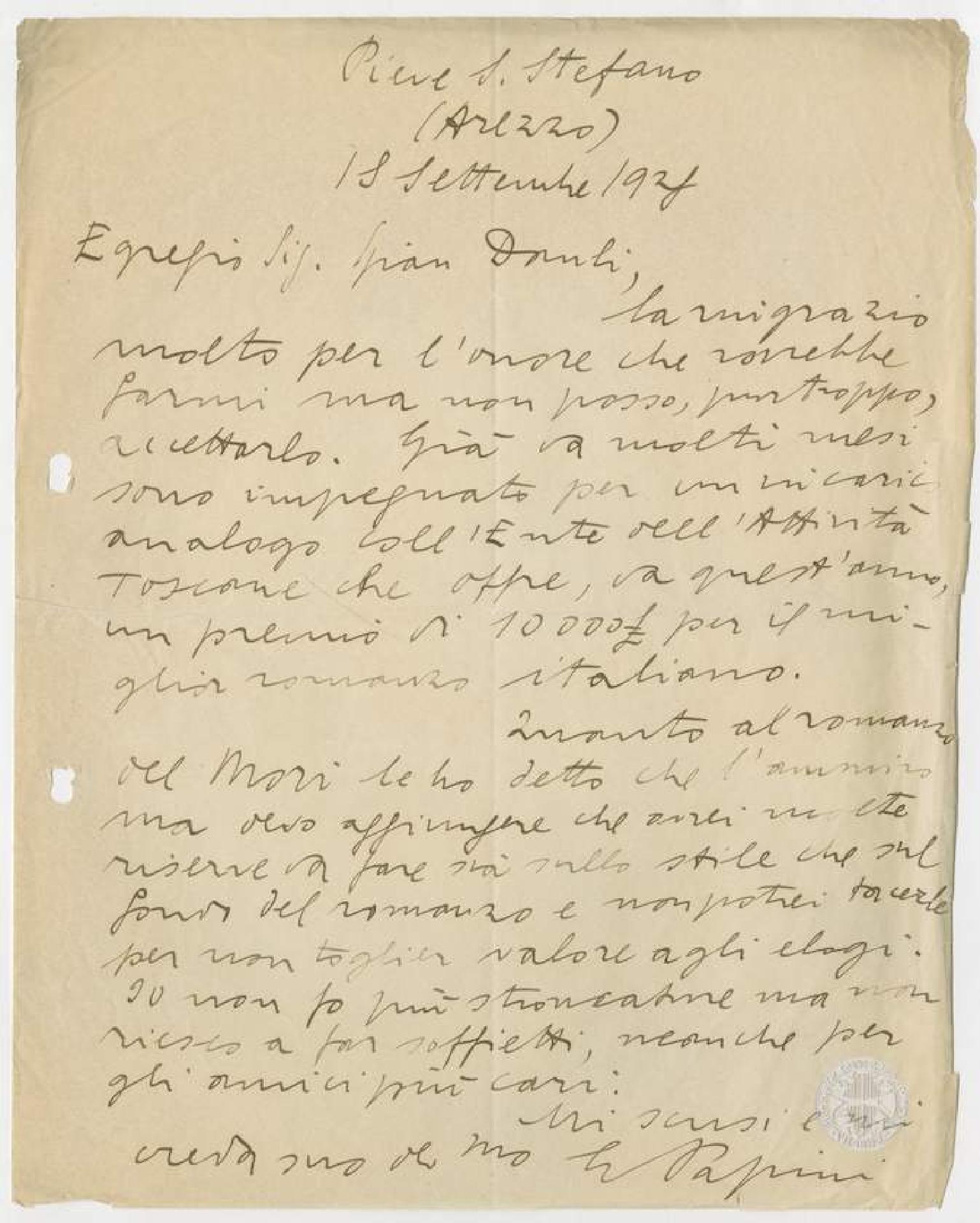 Lettera di Giovanni Papini a Gian Dauli, 1928. Carte Dauli, b.21, u.a.3