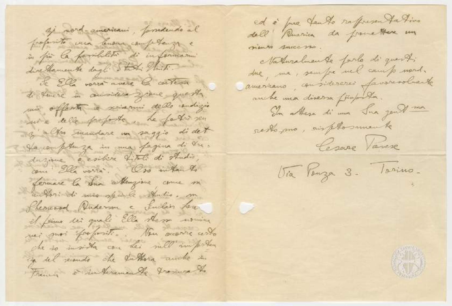 Lettera di Cesare Pavese a Gian Dauli, 1930. Carte Dauli, b.21, u.a.3Av